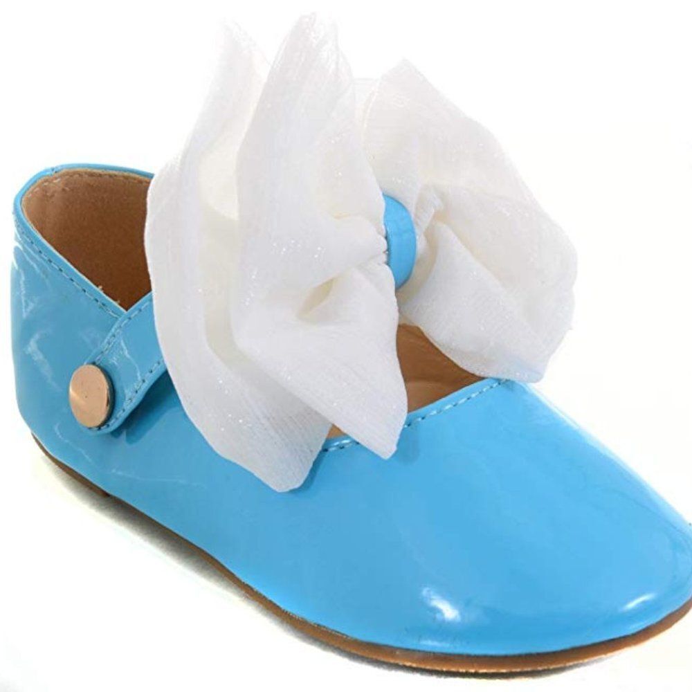 NEW Blue Patent Vegan Girls Toddler Removable Bow Baby Mary Janes Crib Shoes NIB